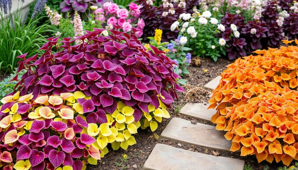 Heuchera used as a colorful border edging in a small garden