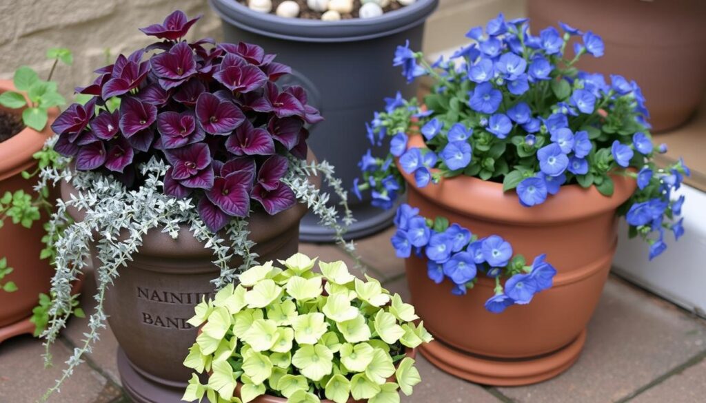 Heuchera varieties in mixed container arrangements