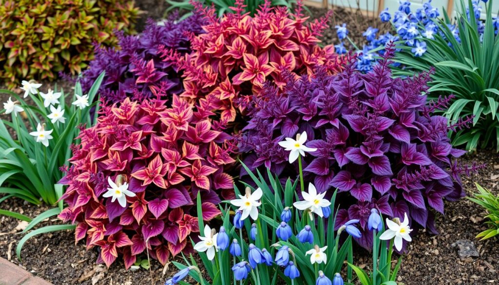 Heuchera with spring bulbs emerging in a small garden border