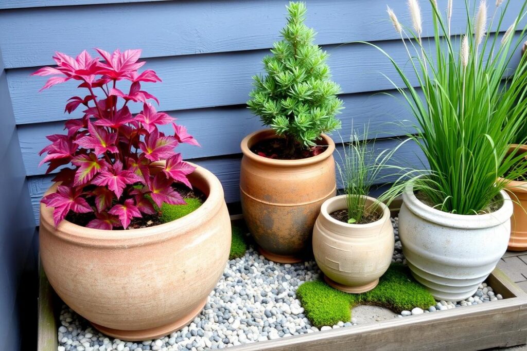 Japanese-style container garden with acer and moss suitable for small UK spaces