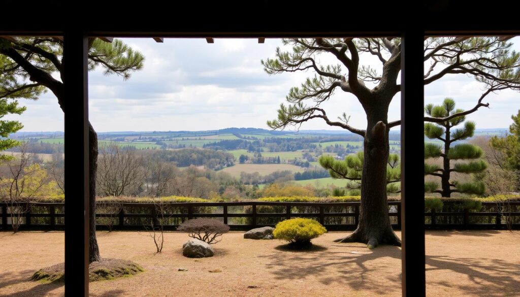 Japanese-style garden with framed view of UK countryside demonstrating shakkei principle