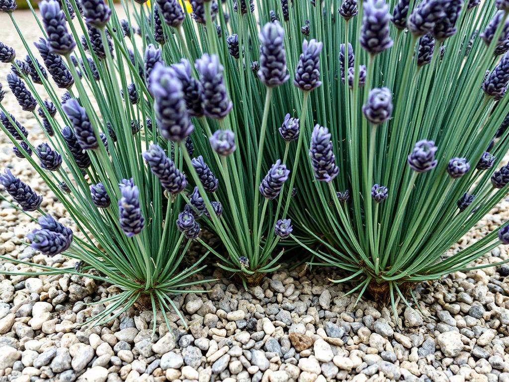 Lavender plant with gravel mulch for winter protection in a UK garden