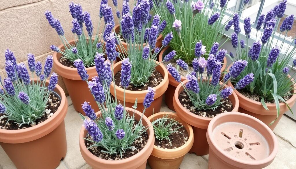 Lavender planted in terracotta pots on a small UK patio or balcony