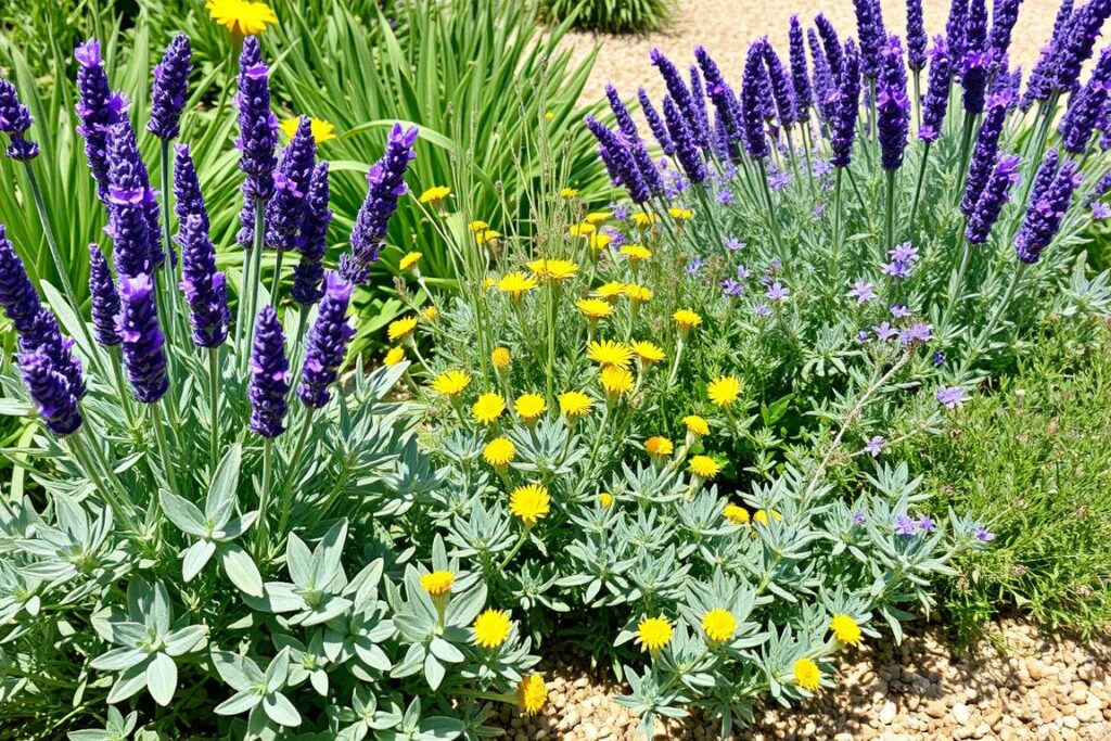 Lavender, santolina and artemisia combination in a Mediterranean-inspired UK garden