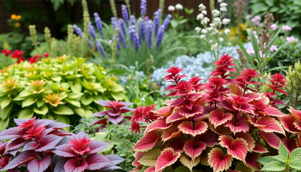 Layered shade garden design featuring Heuchera