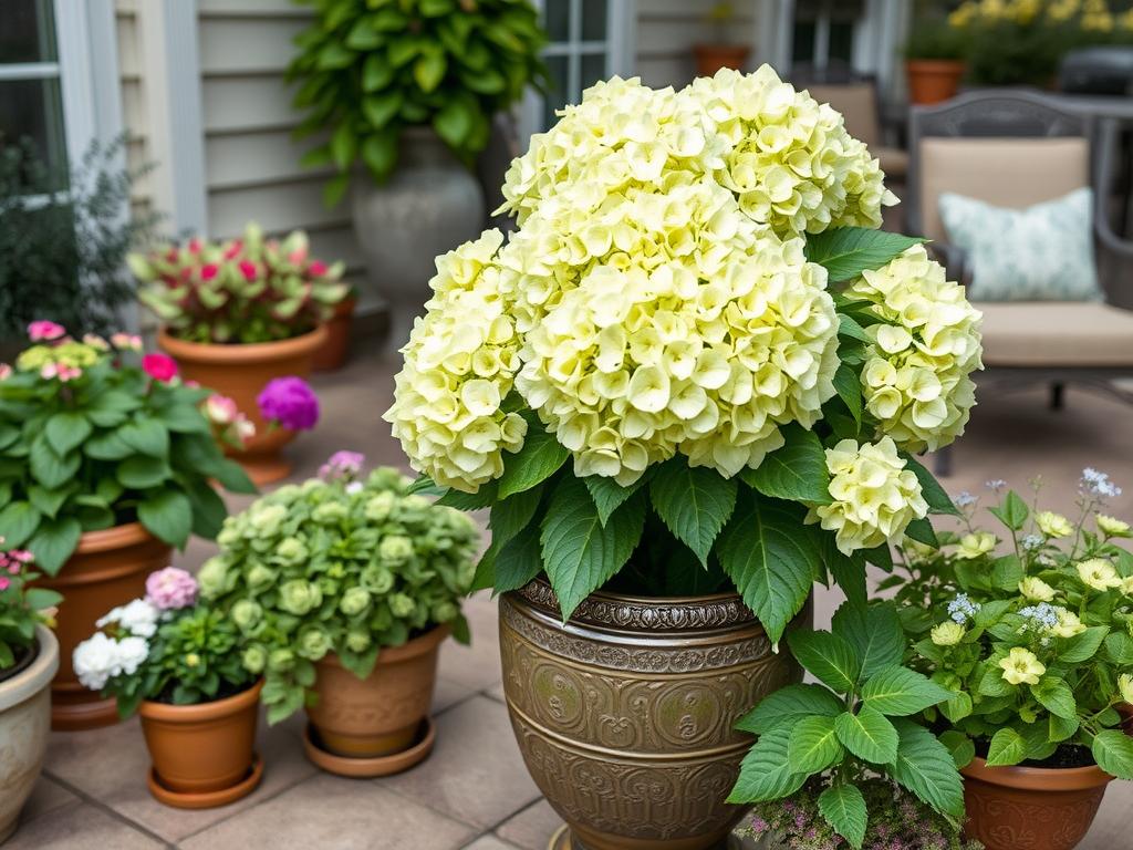 Little Lime Hydrangea in container garden on patio