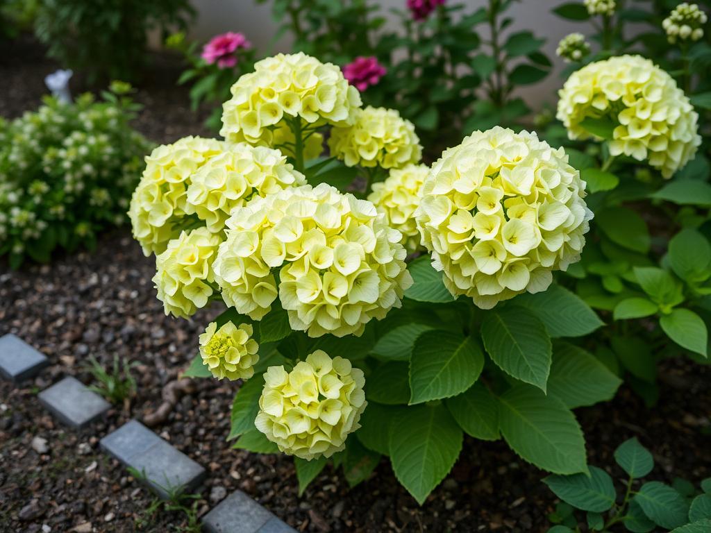 Little Lime Hydrangea in full bloom in small garden setting