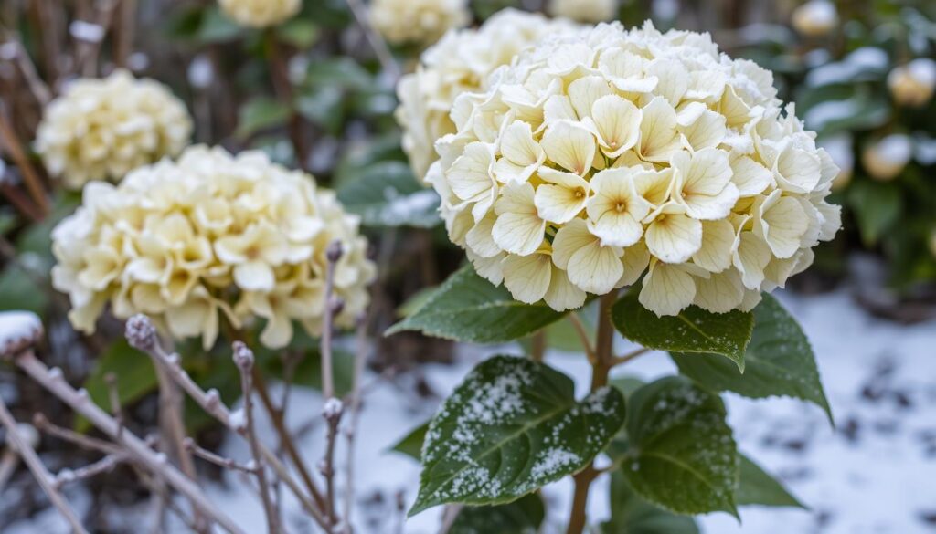 Little Lime Hydrangea in winter with dried blooms covered in frost