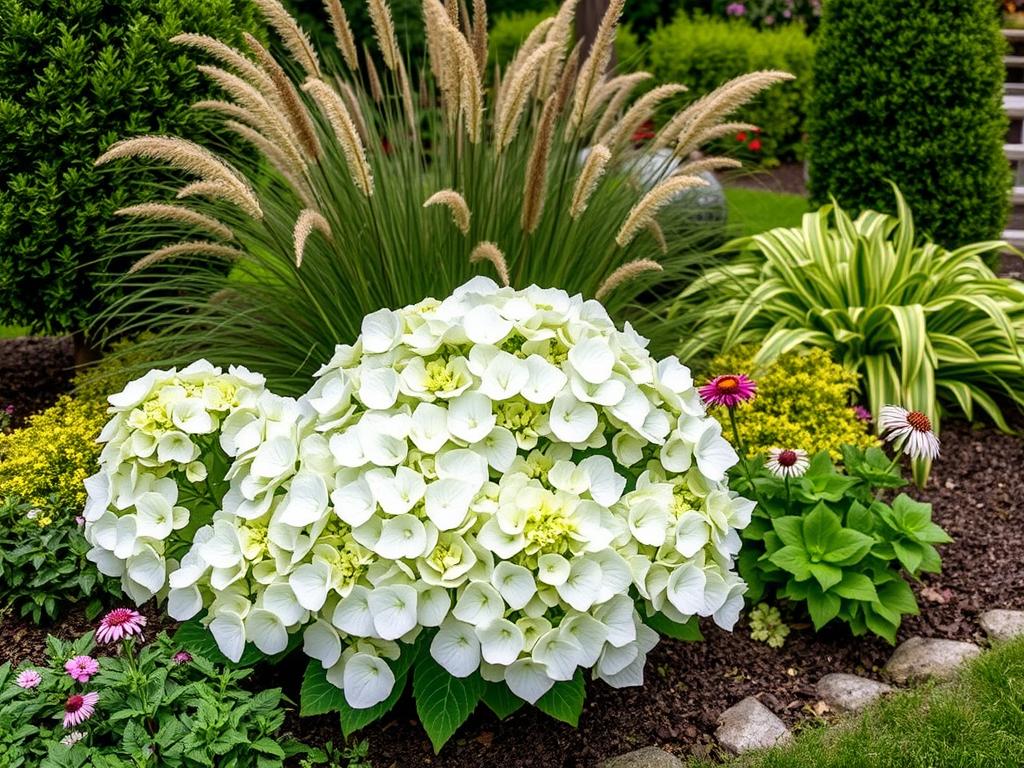 Little Lime Hydrangea with companion plants in garden border