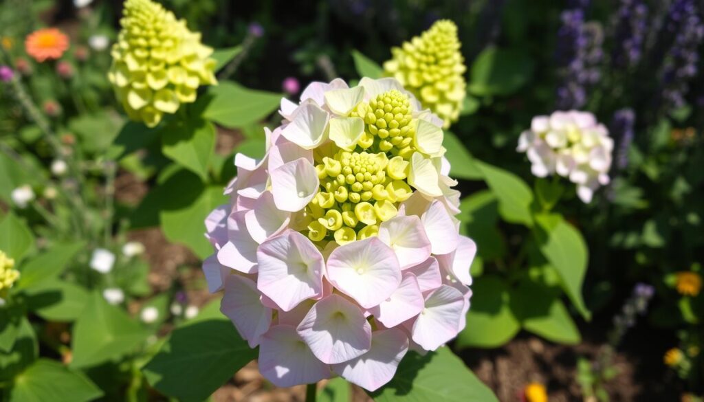Little Lime Hydrangea with lime green blooms in summer garden setting