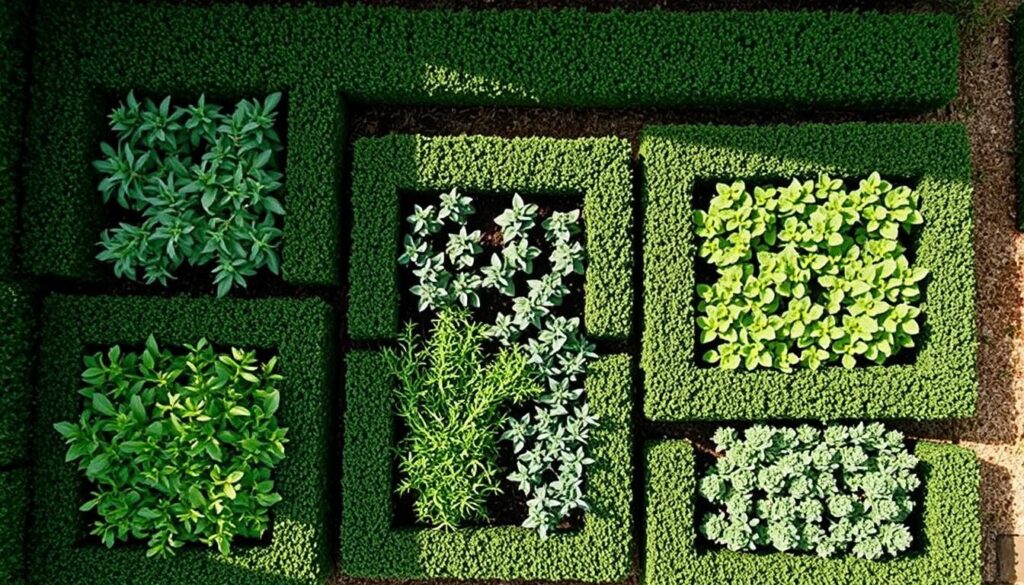 Low Buxus sempervirens hedging defining herb garden beds in a small UK garden