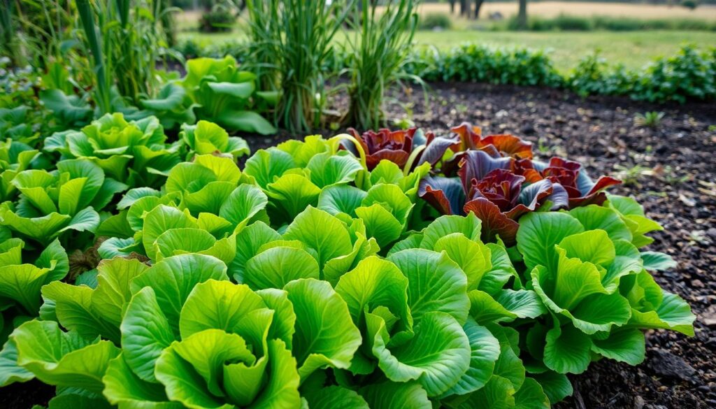 Lush, verdant garden bed filled with vibrant lettuce plants, their broad leaves gently swaying in the soft breeze. The foreground showcases a diverse array of lettuce varieties, their textures and hues creating a visually captivating display. Midground features taller companion plants, their shading and protection nurturing the lettuce's growth. In the background, a tranquil natural setting with a well-tended soil, highlighting the seasonality and sustainable approach to this planting. Warm, diffused lighting illuminates the scene, casting gentle shadows and emphasizing the healthy, thriving plants. Captured with a wide-angle lens to showcase the interconnected, holistic nature of this seasonal lettuce planting. Lush, verdant garden bed filled with vibrant lettuce plants, their broad leaves gently swaying in the soft breeze. The foreground showcases a diverse array of lettuce varieties, their textures and hues creating a visually captivating display. Midground features taller companion plants, their shading and protection nurturing the lettuce's growth. In the background, a tranquil natural setting with a well-tended soil, highlighting the seasonality and sustainable approach to this planting. Warm, diffused lighting illuminates the scene, casting gentle shadows and emphasizing the healthy, thriving plants. Captured with a wide-angle lens to showcase the interconnected, holistic nature of this seasonal lettuce planting.