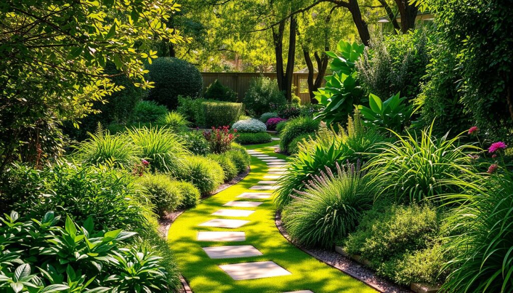 Lush, verdant pathways wind through a serene backyard, bordered by vibrant, well-manicured plant life. Diverse foliage in shades of green, punctuated by splashes of color from flowering plants, creates a visually captivating, multilayered landscape. Dappled sunlight filters through the canopy, casting a warm, natural glow over the scene. Carefully placed stones and smooth gravel guide the eye, leading the viewer on an inviting journey through this meticulously designed outdoor oasis. A sense of depth and dimension is achieved through strategic plant placement, with taller elements in the background and cascading, low-growing varieties in the foreground. The overall effect is one of harmony, balance, and an immersive, serene ambiance.