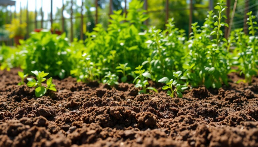 Lush, verdant soil with rich, dark hues covers the foreground, exuding the ideal conditions for thriving herb garden. Carefully tilled and amended with organic matter, the soil's texture appears crumbly and well-draining, perfect for the needs of delicate herb roots. In the middle ground, a variety of robust, bushy herb plants stand tall, their vibrant green leaves glistening under warm, directional lighting. The background reveals a serene, sun-dappled setting, perhaps a secluded corner of a kitchen garden or a peaceful backyard oasis, creating the ideal environment for cultivating flavorful herbs. An atmosphere of natural harmony and horticultural abundance pervades the scene.