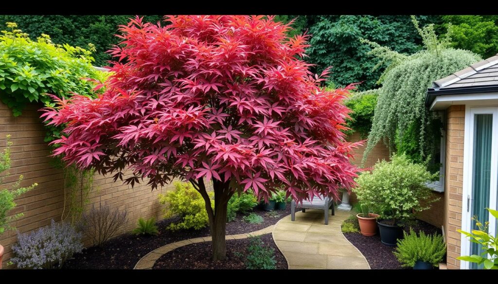Mature Acer palmatum as a focal point in a small, well-designed UK garden