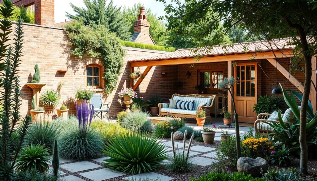 Mature Mediterranean-inspired UK garden with established plants and weathered materials