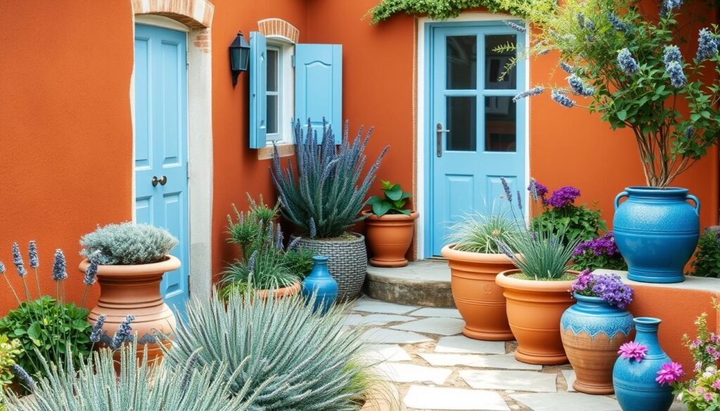 Mediterranean colour palette with terracotta, silver foliage and blue accents in a UK garden