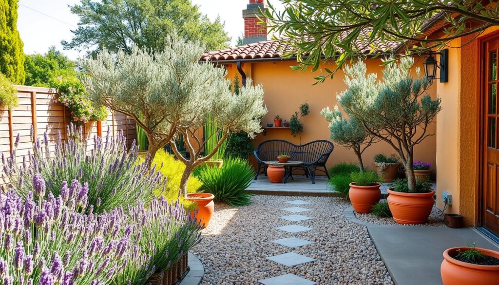 Mediterranean-inspired UK garden with lavender, olive trees and terracotta pots