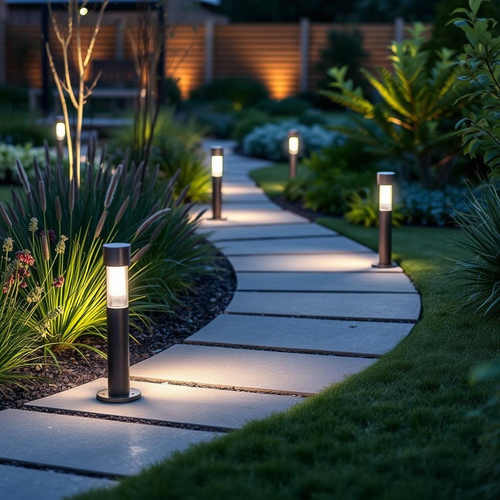 Minimalist bollard lights marking a garden pathway
