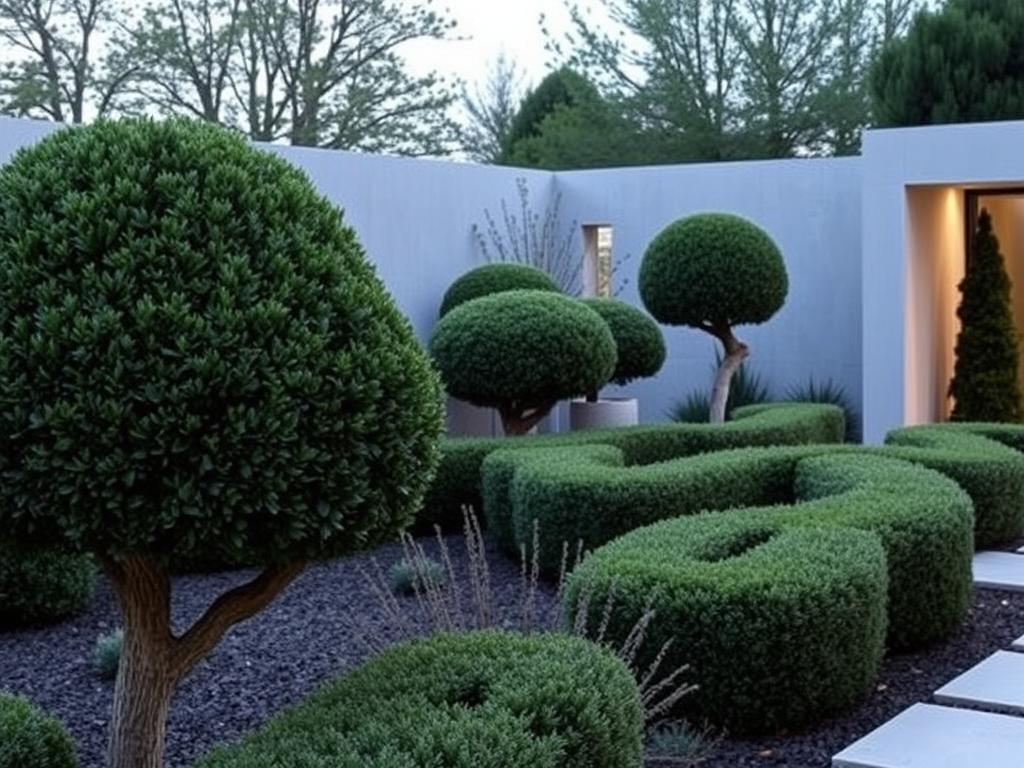 Modern cloud-pruned Buxus sempervirens in a contemporary UK garden setting