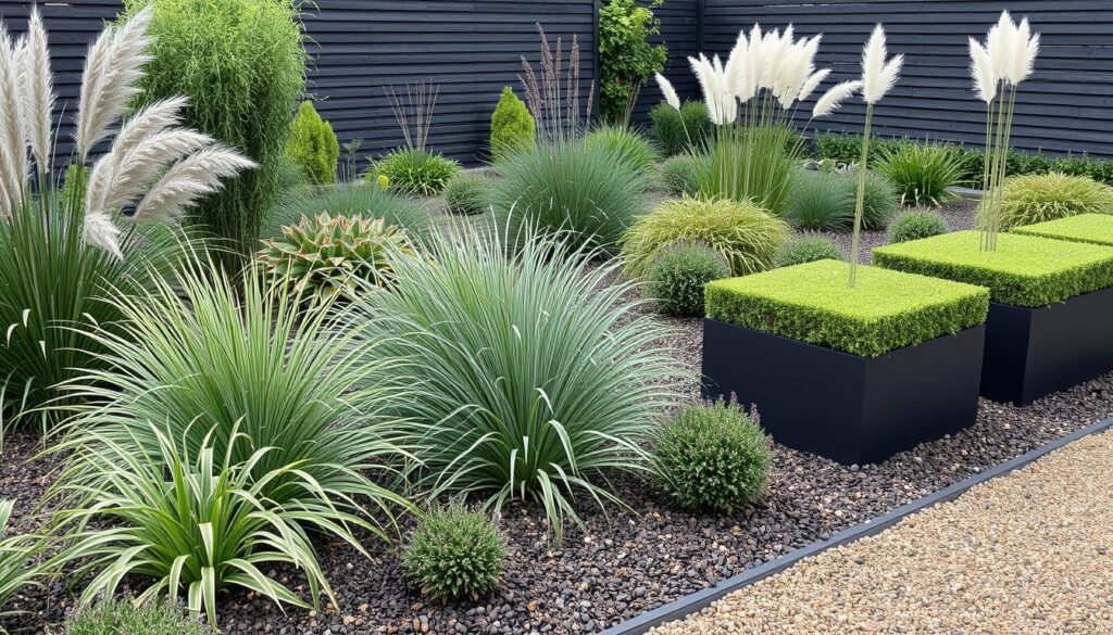 Modern garden with architectural plants and ornamental grasses