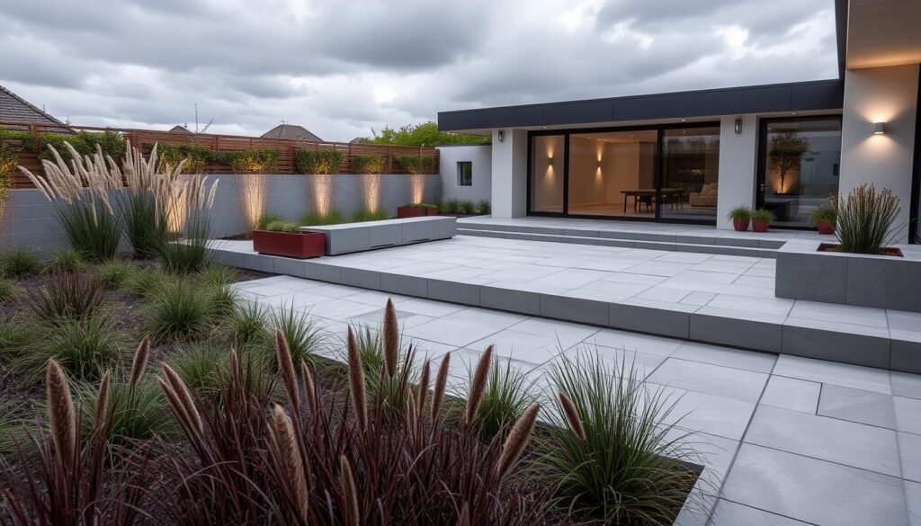 Modern garden with clean lines and architectural elements in a UK setting