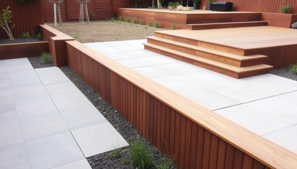 Modern garden with concrete paving, corten steel and timber elements