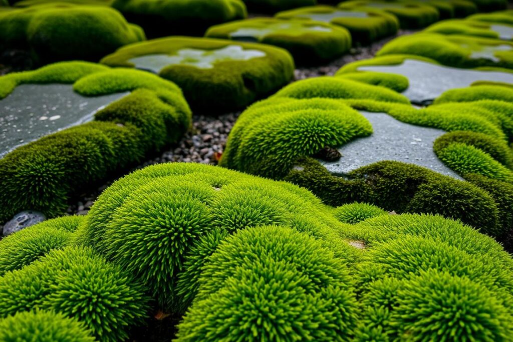 Moss growing between stepping stones in a UK Japanese-style garden