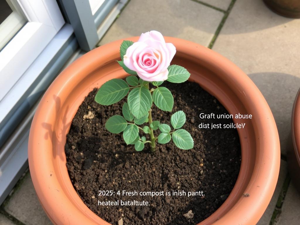 Newly planted The Fairy rose in a decorative garden container