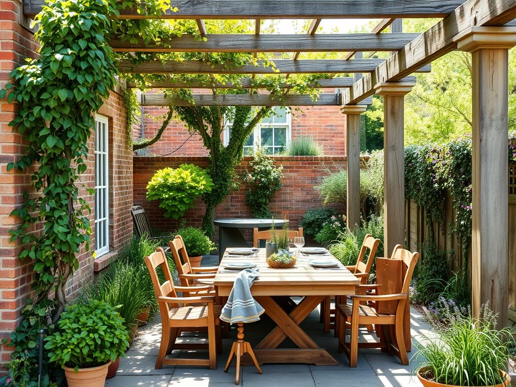 Outdoor dining area with rustic table and chairs in a Mediterranean-inspired UK garden