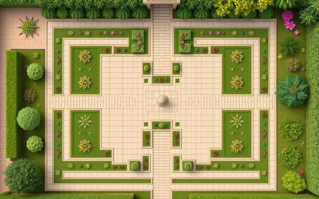 Overhead view of a formal garden layout showing grid patterns and proportional spacing Overhead view of a formal garden layout showing grid patterns and proportional spacing