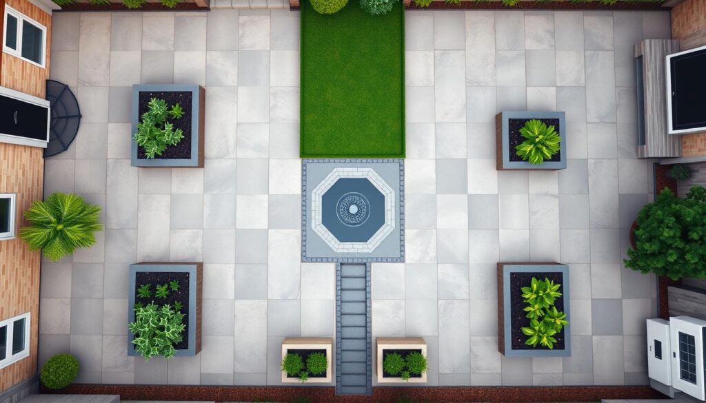 Overhead view of a modern garden layout