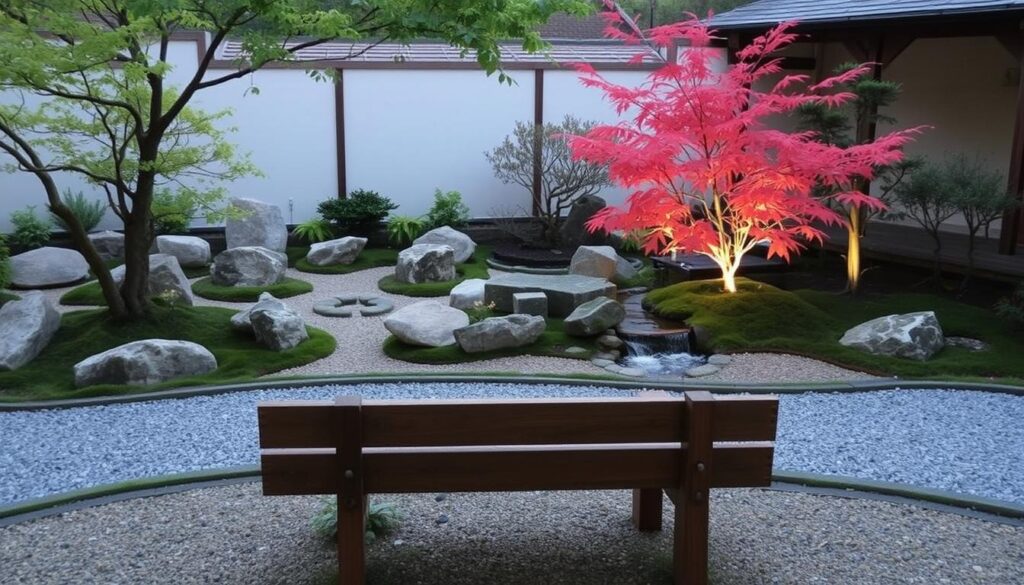 Peaceful Japanese-style garden in UK setting with bench for contemplation
