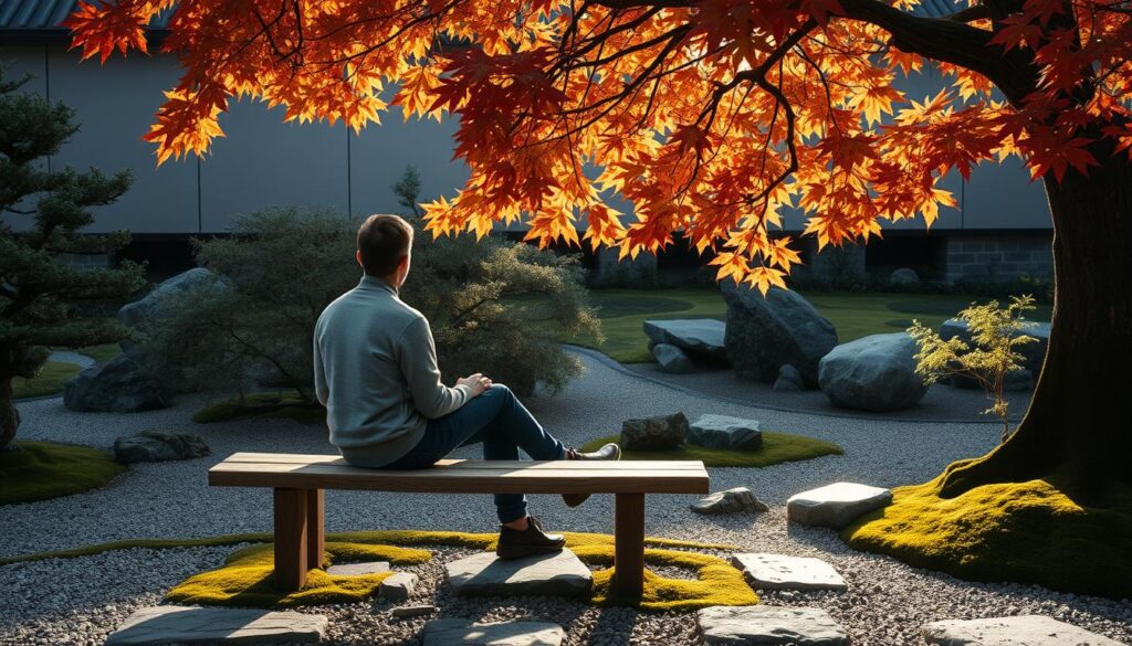 Person meditatively observing light patterns in Japanese-style garden