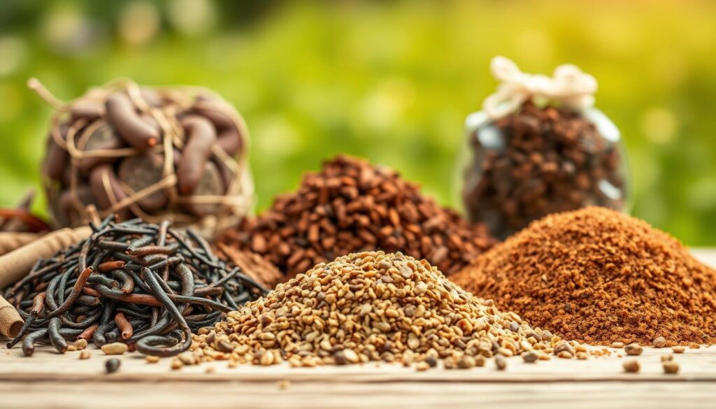 Photorealistic comparison of different types of fertiliser, with a central focus on worm castings. In the foreground, a carefully arranged display of various organic and inorganic fertilisers, including worm castings, compost, and chemical fertilisers. The worm castings are highlighted, showcasing their unique texture and color. In the middle ground, a detailed close-up of the worm castings, revealing their granular structure and rich, earthy tones. The background features a softly blurred natural setting, such as a lush garden or verdant field, to emphasize the natural origins of the worm castings. Excellent depth of field, warm lighting, and a clean, minimalist composition to draw the viewer's attention to the key differences between the fertiliser types.