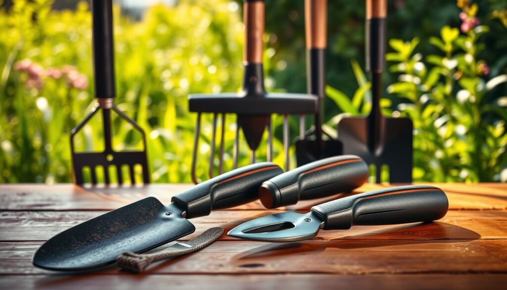 Photorealistic image of a well-lit display of high-quality gardening tools. Foreground features a set of sturdy, ergonomic hand tools - a trowel, a pruner, and a cultivator - laid out on a wooden surface. The tools have a matte, durable finish and distinct, functional designs. Middle ground showcases a rake, a hoe, and a spade with comfortable grips. Background is a lush, green garden setting with soft lighting, creating a tranquil, natural atmosphere. The overall composition emphasizes the craftsmanship, durability, and thoughtful ergonomics of professional-grade gardening equipment.