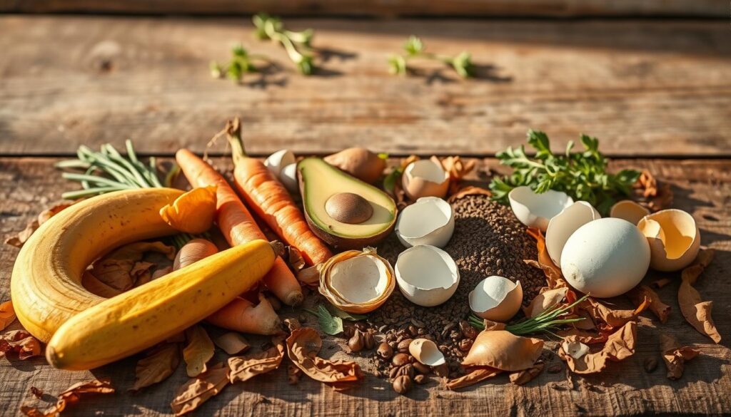 Photorealistic image of an assortment of organic kitchen scraps arranged on a rustic wooden surface. In the foreground, ripe banana peels, carrot tops, and onion skins sit atop a bed of dried leaves and grass clippings. In the middle ground, a halved avocado pit, coffee grounds, and eggshells create a textural contrast. The background features a few stray sprigs of fresh herbs, casting natural shadows across the scene. Warm, directional lighting accentuates the earthy tones and creates subtle highlights, conveying the sense of a bountiful, homegrown harvest ready to be transformed into nourishing compost.