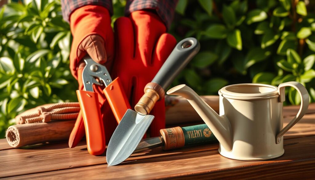 Photorealistic, well-lit display of high-quality gardening accessories, including a sturdy pair of thorn-resistant gloves, secateurs with sharp blades, a hand trowel with a comfortable grip, and a small watering can with a long spout. The accessories are arranged on a wooden surface, with a lush, green foliage backdrop hinting at the gardening setting. The lighting creates warm, natural shadows, highlighting the textures and materials of the tools, conveying a sense of practicality and attention to detail. The composition is balanced, allowing each item to be clearly visible and appreciated.