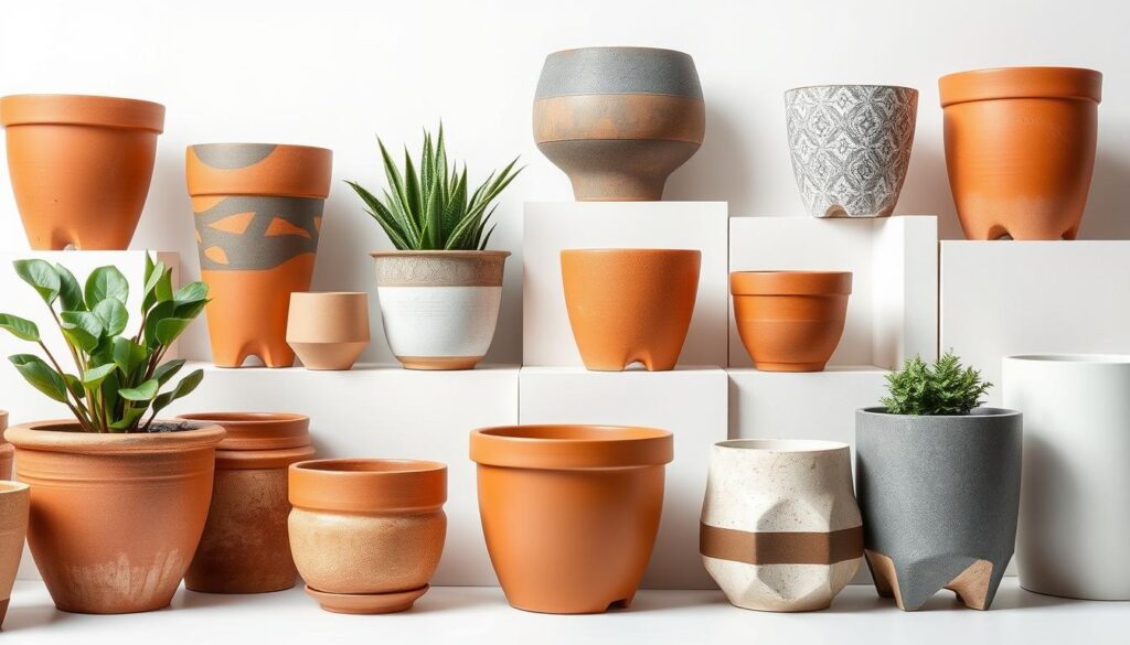 Photorealistic, well-lit selection of contemporary self-watering pots in various shapes, sizes, and materials. Terracotta, ceramic, and plastic pots are arranged on a clean white background, showcasing their unique features and designs. The pots are positioned at different angles, highlighting their intricate textures and color variations. Subtle shadows and highlights create a sense of depth and dimension, making the image visually appealing and informative for the "How to Choose the Right Self-Watering Pot" section of the article. Photorealistic, well-lit selection of contemporary self-watering pots in various shapes, sizes, and materials. Terracotta, ceramic, and plastic pots are arranged on a clean white background, showcasing their unique features and designs. The pots are positioned at different angles, highlighting their intricate textures and color variations. Subtle shadows and highlights create a sense of depth and dimension, making the image visually appealing and informative for the "How to Choose the Right Self-Watering Pot" section of the article.