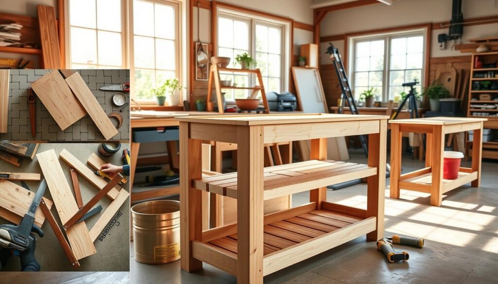 Photorealistic, well-lit step-by-step guide to building a sturdy DIY potting bench. In the foreground, detailed views of the construction process, including cutting and joining the wooden pieces, attaching the tabletop, and installing the shelves. In the middle ground, the partially assembled bench taking shape, with tools and materials nearby. In the background, a bright, airy workshop setting with natural light streaming in from large windows, creating a warm, inviting atmosphere. Crisp, clean lines, precise joinery, and a cohesive, functional design that would appeal to any gardener or DIY enthusiast. Photorealistic, well-lit step-by-step guide to building a sturdy DIY potting bench. In the foreground, detailed views of the construction process, including cutting and joining the wooden pieces, attaching the tabletop, and installing the shelves. In the middle ground, the partially assembled bench taking shape, with tools and materials nearby. In the background, a bright, airy workshop setting with natural light streaming in from large windows, creating a warm, inviting atmosphere. Crisp, clean lines, precise joinery, and a cohesive, functional design that would appeal to any gardener or DIY enthusiast.