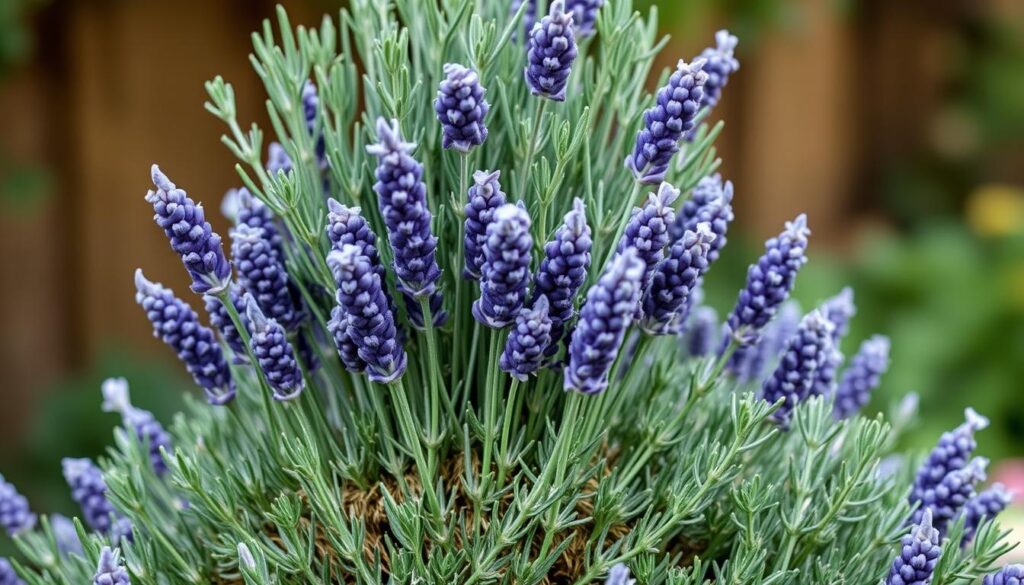 Properly pruned lavender plant in a UK garden showing good form