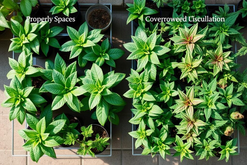 Properly spaced plants versus overcrowded garden