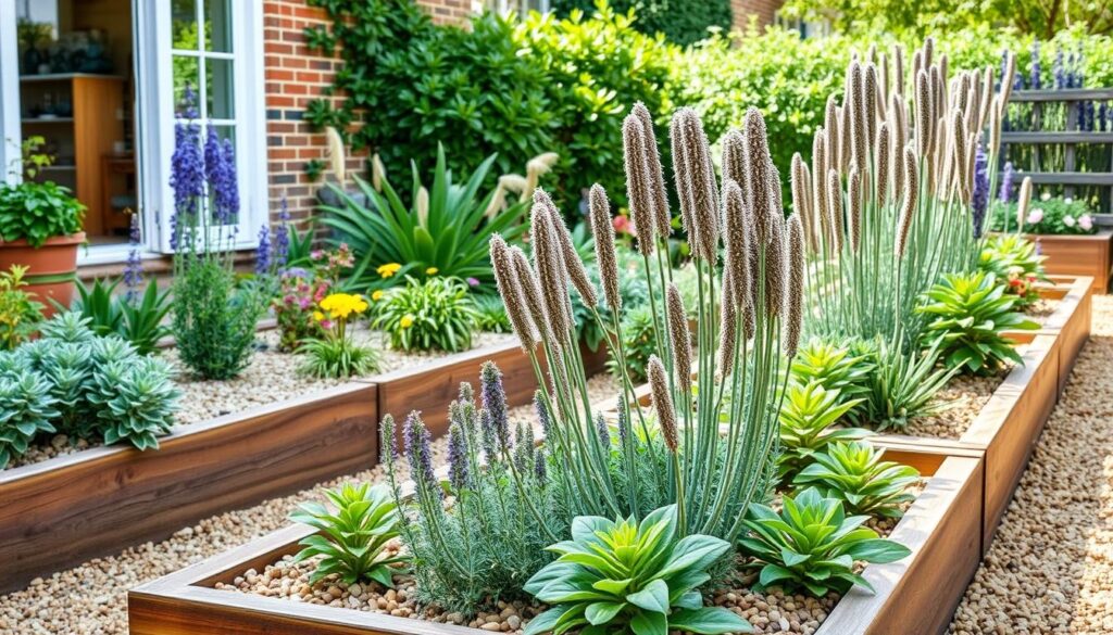 Raised beds with good drainage in a Mediterranean-inspired UK garden