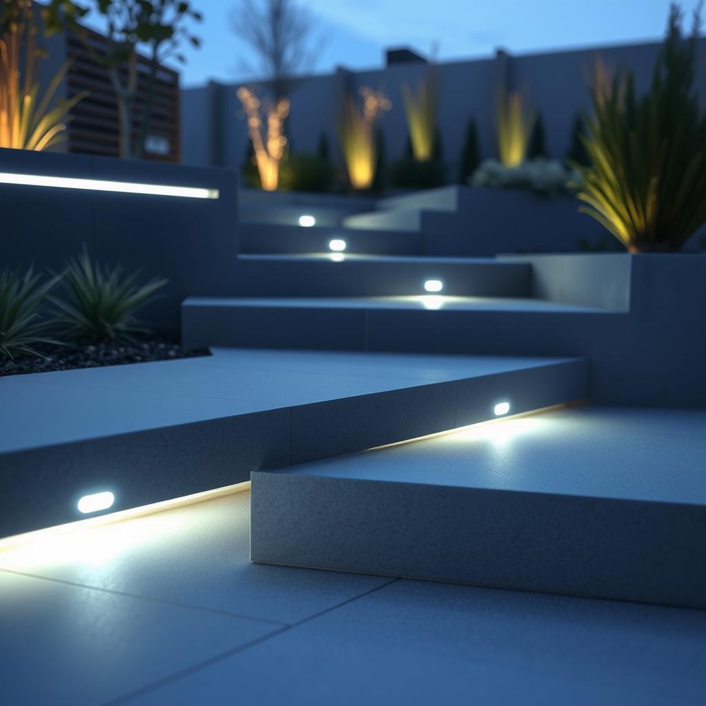 Recessed LED strip lighting in garden steps