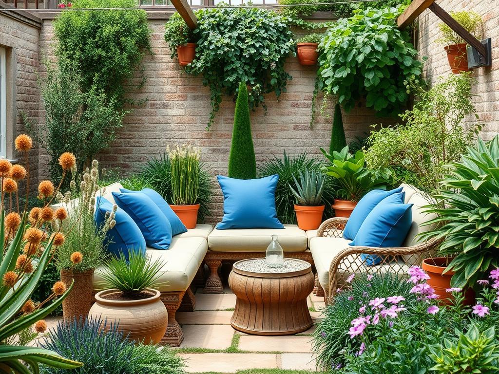 Relaxation corner with comfortable seating among herbs in a Mediterranean-inspired UK garden