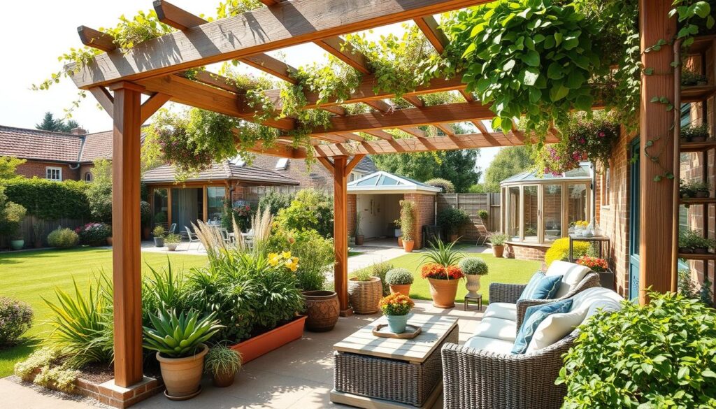 Relaxed seating area under a pergola in a Mediterranean-inspired UK garden
