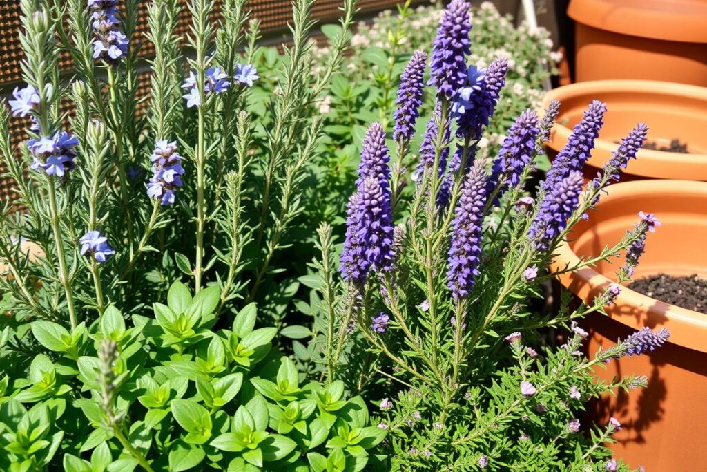Rosemary, sage and thyme planted together in a Mediterranean-inspired UK garden