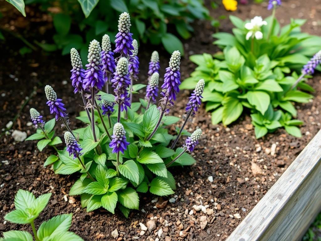 Salvia nemorosa 'Caradonna' growing in a raised bed to improve drainage in UK clay soil