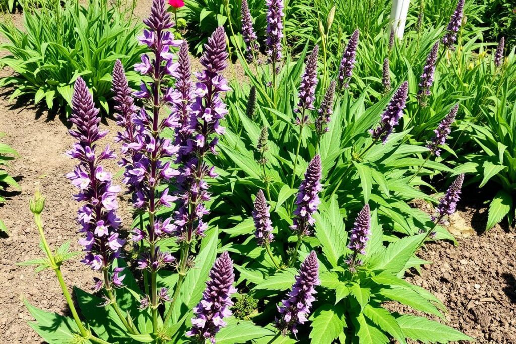 Salvia nemorosa 'Caradonna' growing in a sunny border showing its ideal growing conditions