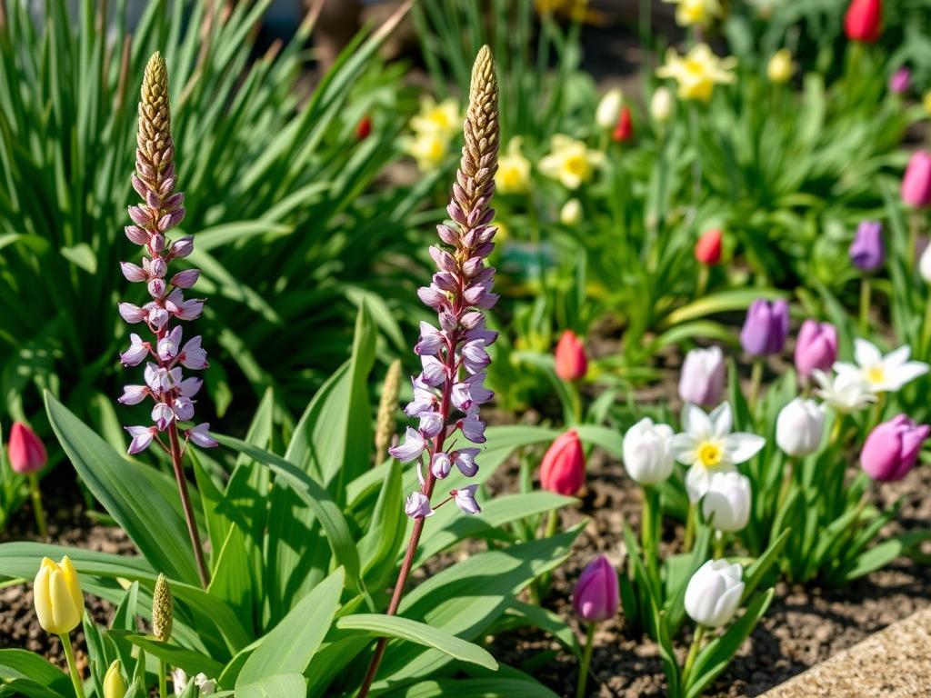 Salvia nemorosa 'Caradonna' paired with early spring bulbs for extended seasonal interest